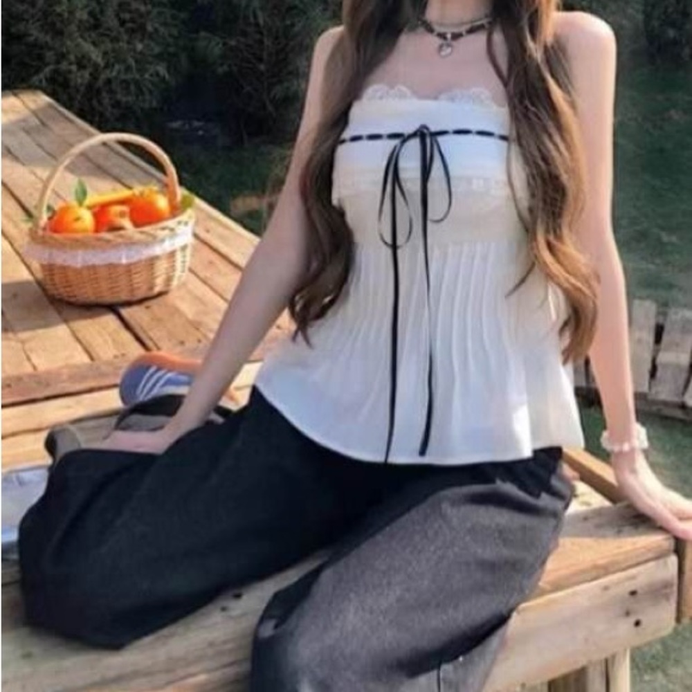 White Strapless Top with Black Ribbon